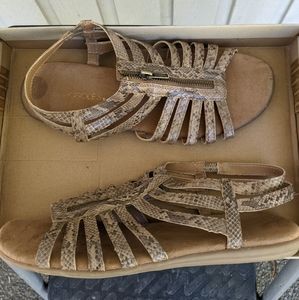 Taupe snake embossed gladiator flat sandals.